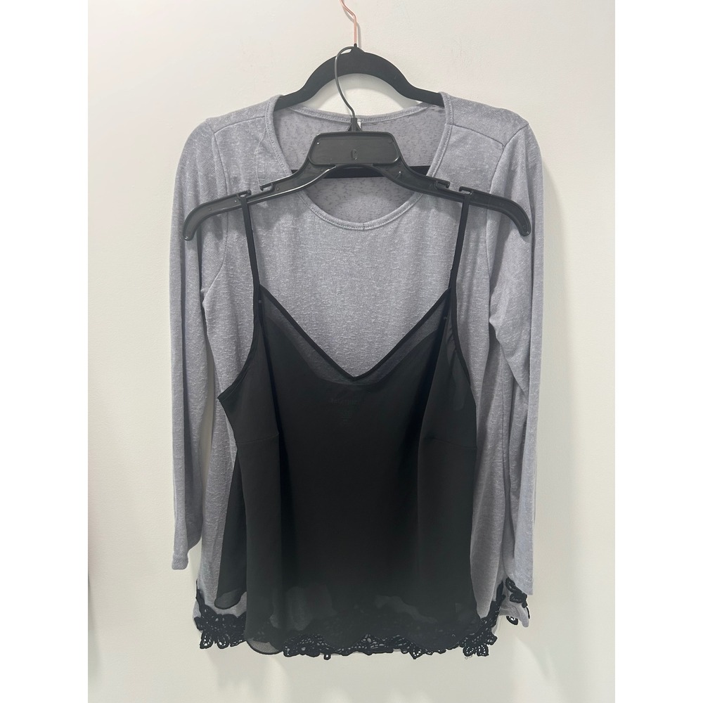 Lucky Grey Marl Lace Hem Knit Top &‎ Bay Studio Black Sheer Camisole Set XL PXL